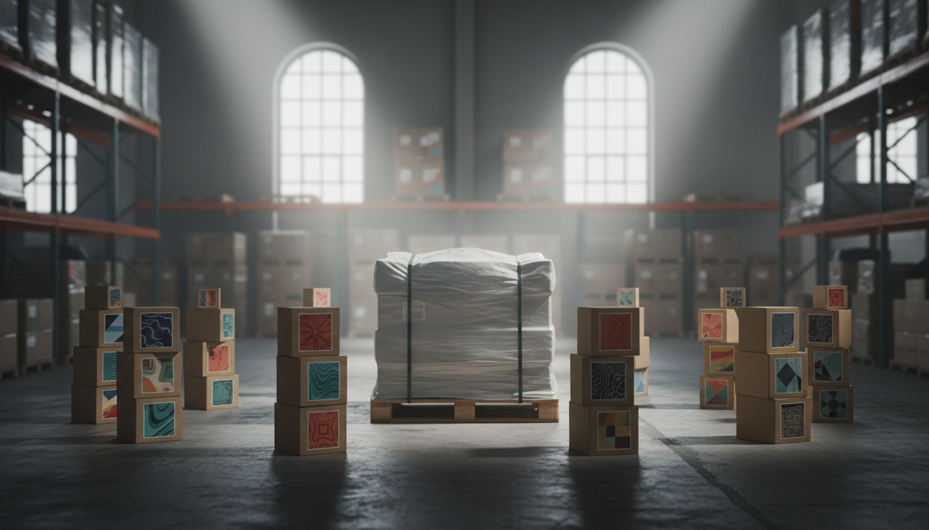 Conceptual warehouse scene showing core SKU pallet and stacks of regional variant packaging