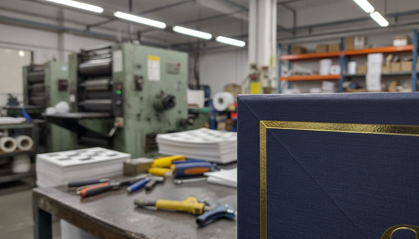 Close-up detail of hot foil stamping and texture on luxury rigid box