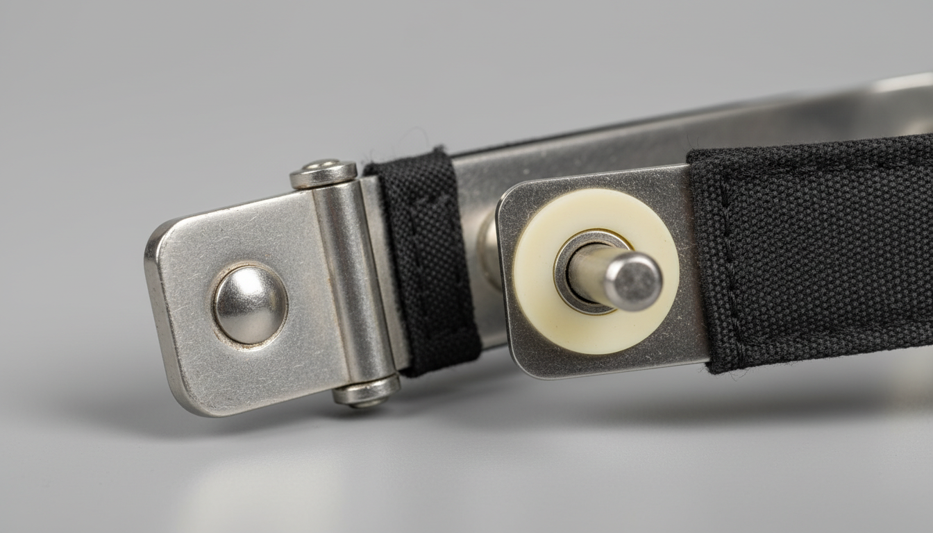 Close-up comparison of reinforced vs standard pivot hinge on a small foldable camping chair frame.