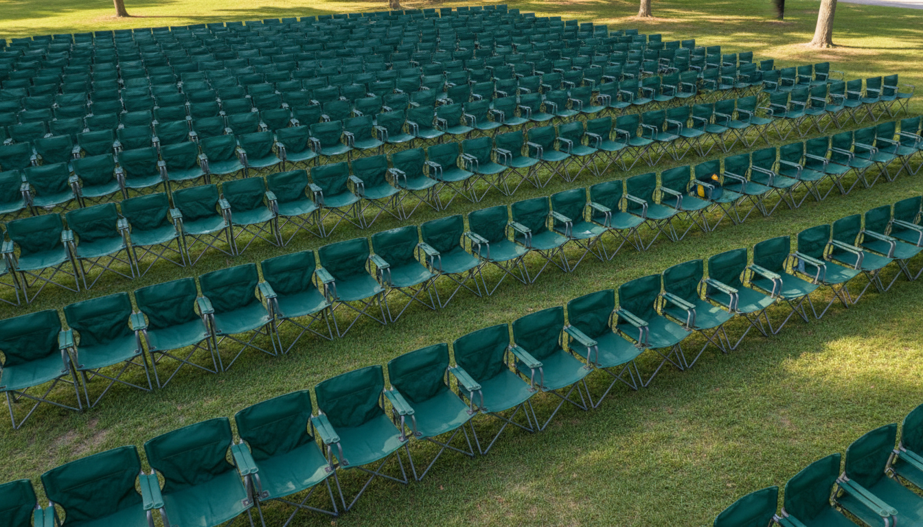 Fleet of commercial-grade portable folding camping chairs deployed at a campground