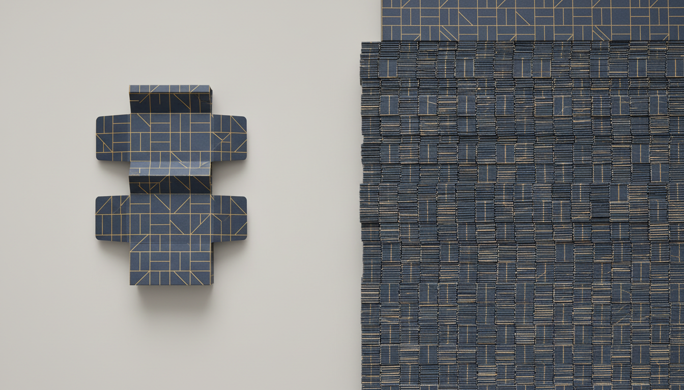 Comparison of single digital print sample versus large stack of offset printed packaging boxes