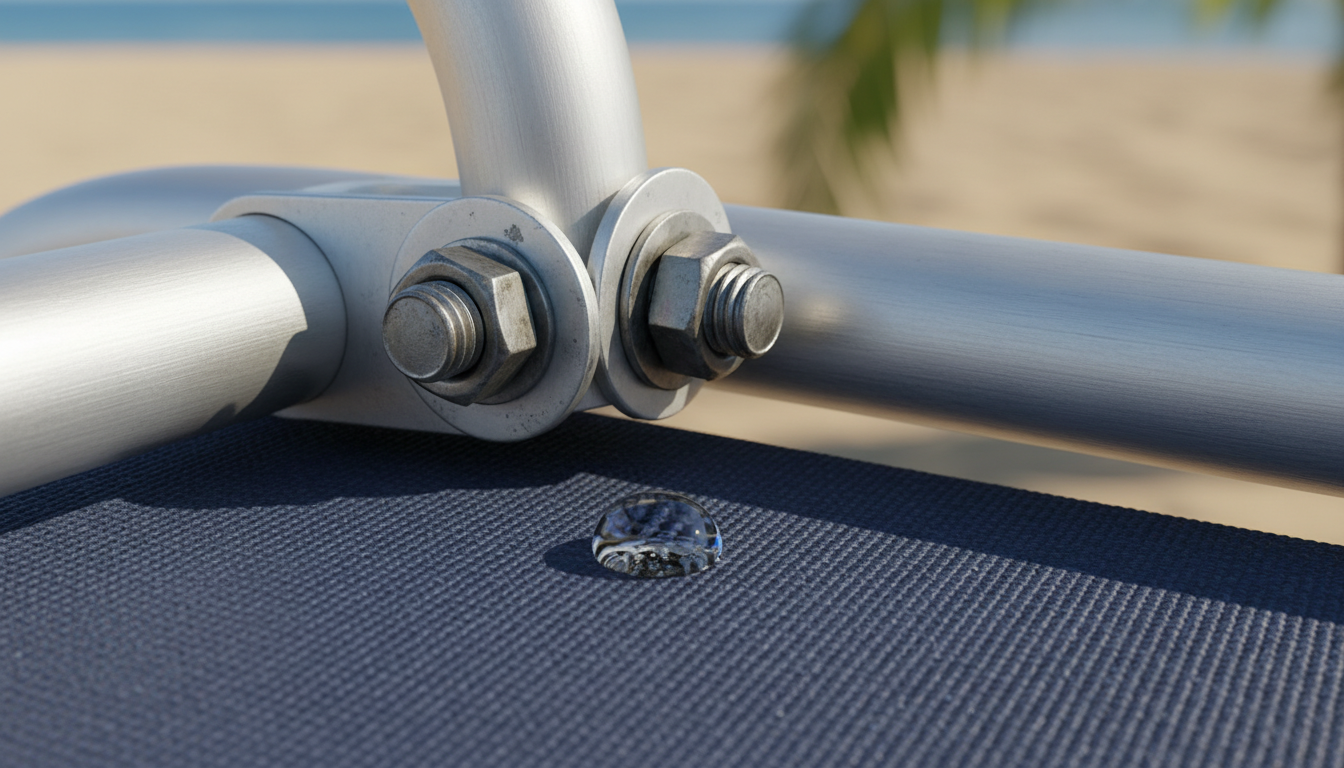 Close-up of double-bolted frame joint and 600D polyester fabric on commercial smallest beach chair