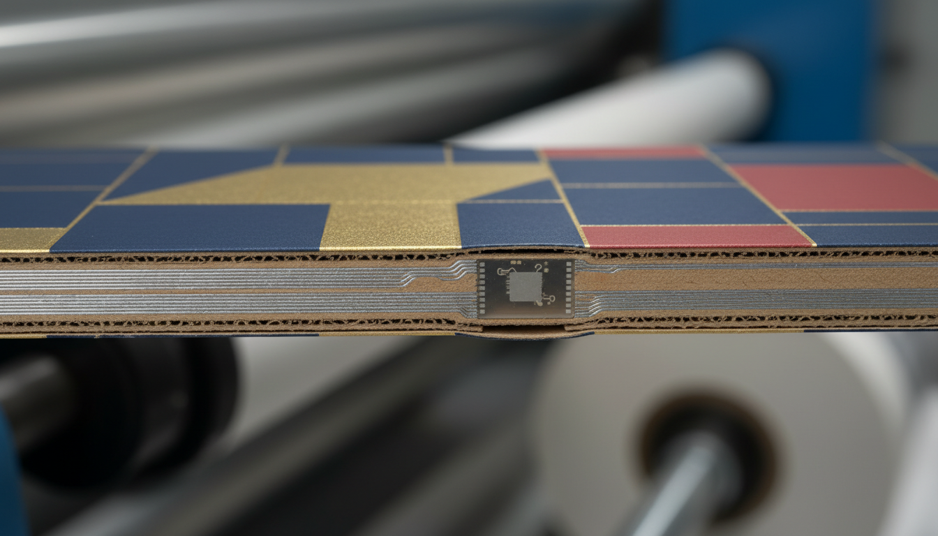 Conductive ink and NFC inlay integrated into smart packaging during hybrid print run