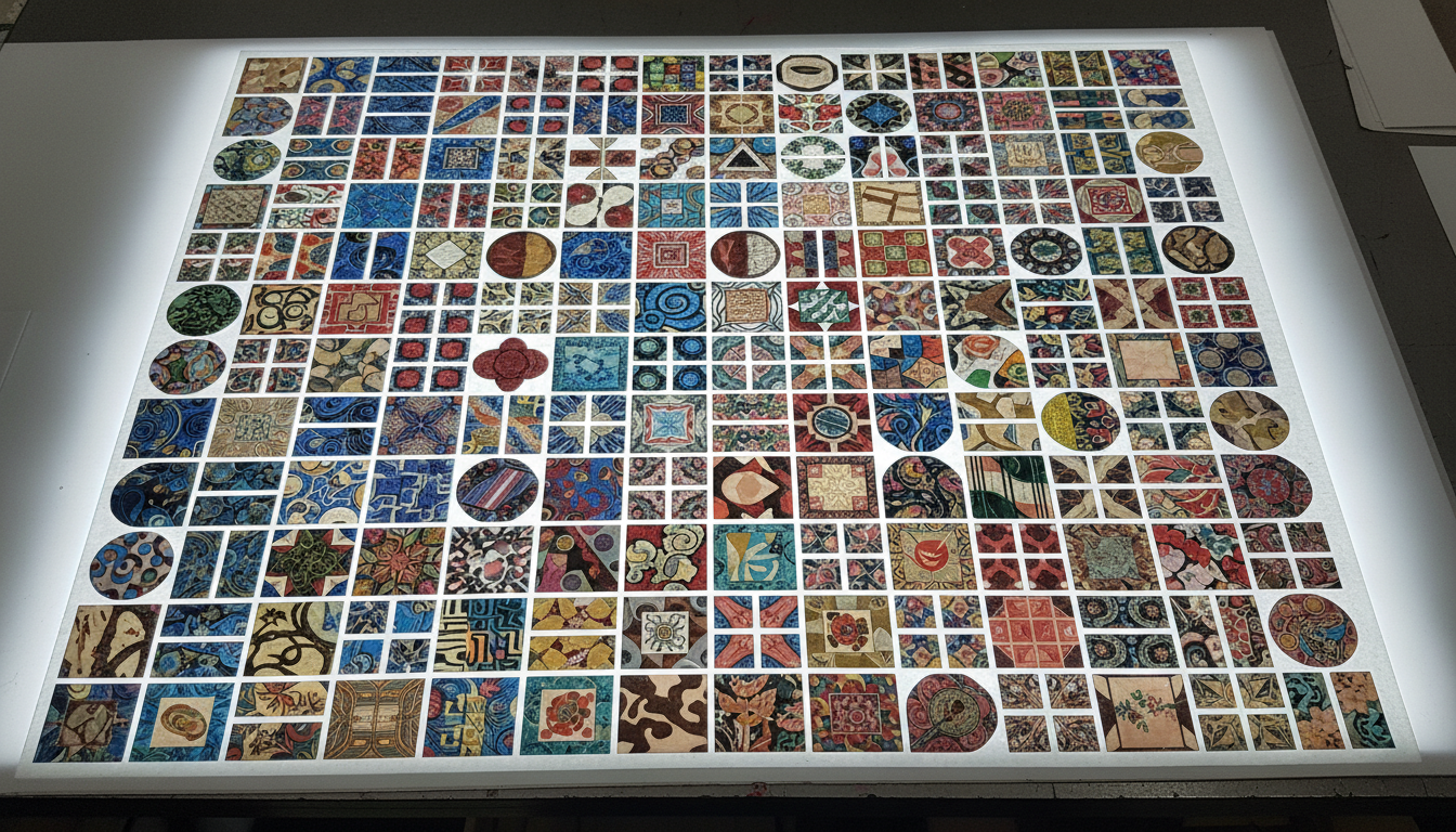 Overhead view of gang-run printed labels on a large sheet showing efficient material use