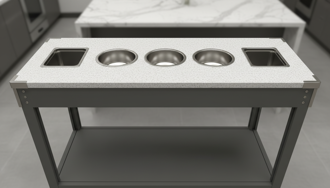 Multifunctional serving table for outdoor kitchen system with ice wells and waste cutouts