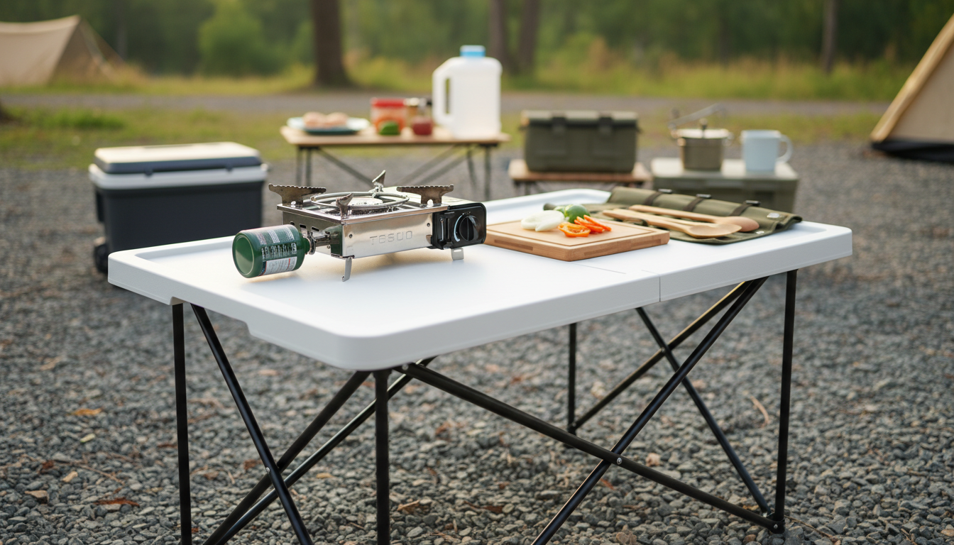 Commercial foldable cooking table with HDPE surface in use