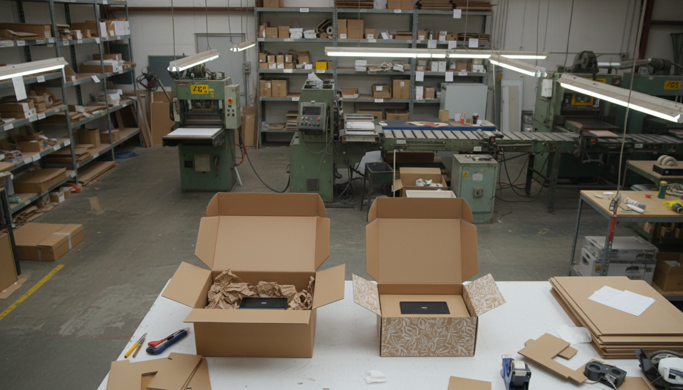 Comparison of standard oversized box versus right-sized custom corrugated mailer