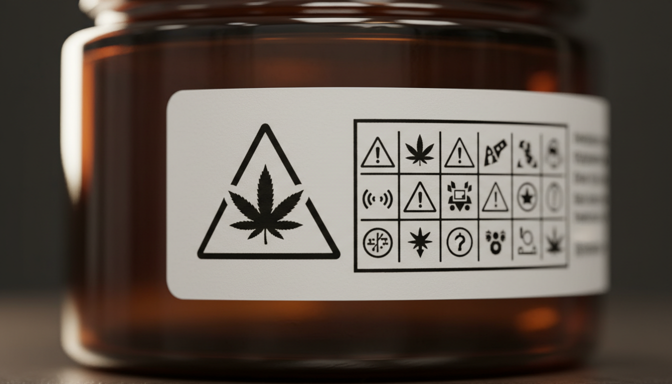 cannabis packaging label compliance requirements 2024: close-up of state-mandated universal cannabis symbol on matte...