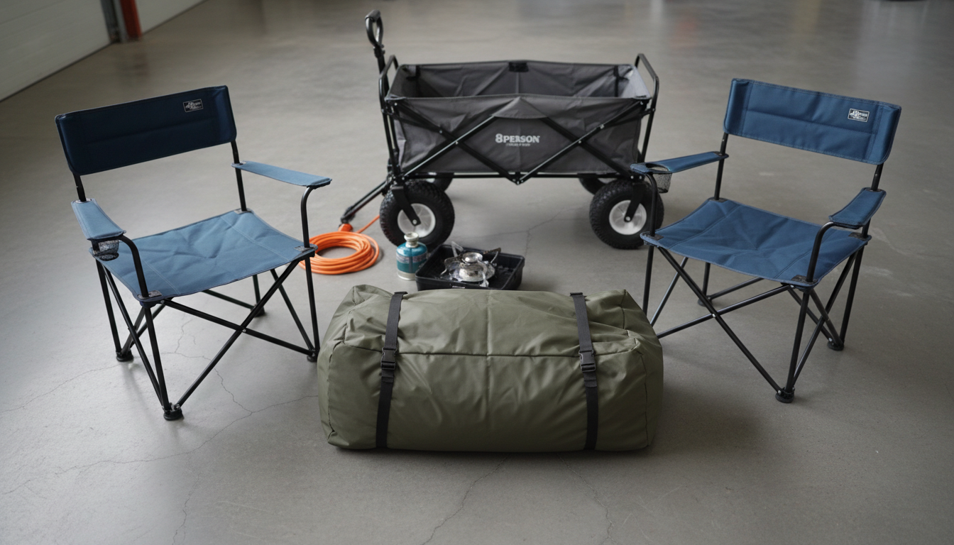 Bundled commercial camping gear including tent, chairs, and wagon