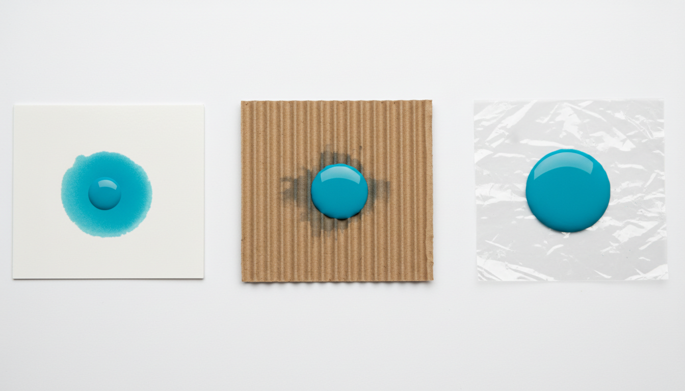 Material flat-lay demonstrating how different substrates affect flexographic ink color and absorption