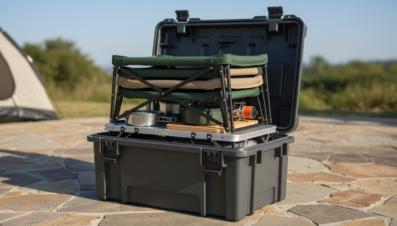 Packed and integrated camping kitchen system in transport bin