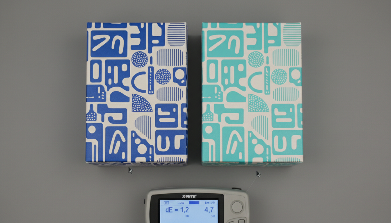 Close-up comparison showing color variation in flexographic printing with spectrodensitometer Delta E measurement