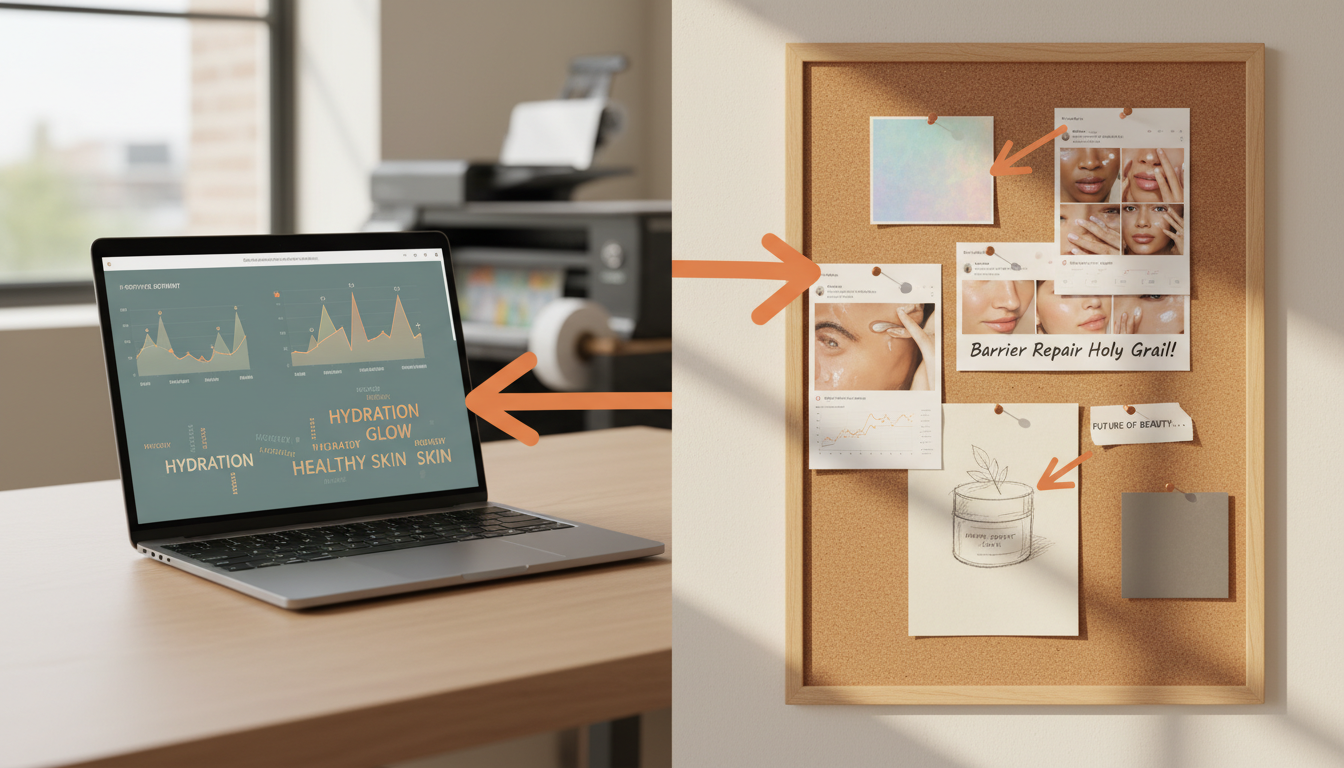 Social media beauty trend analytics dashboard next to a packaging design mood board