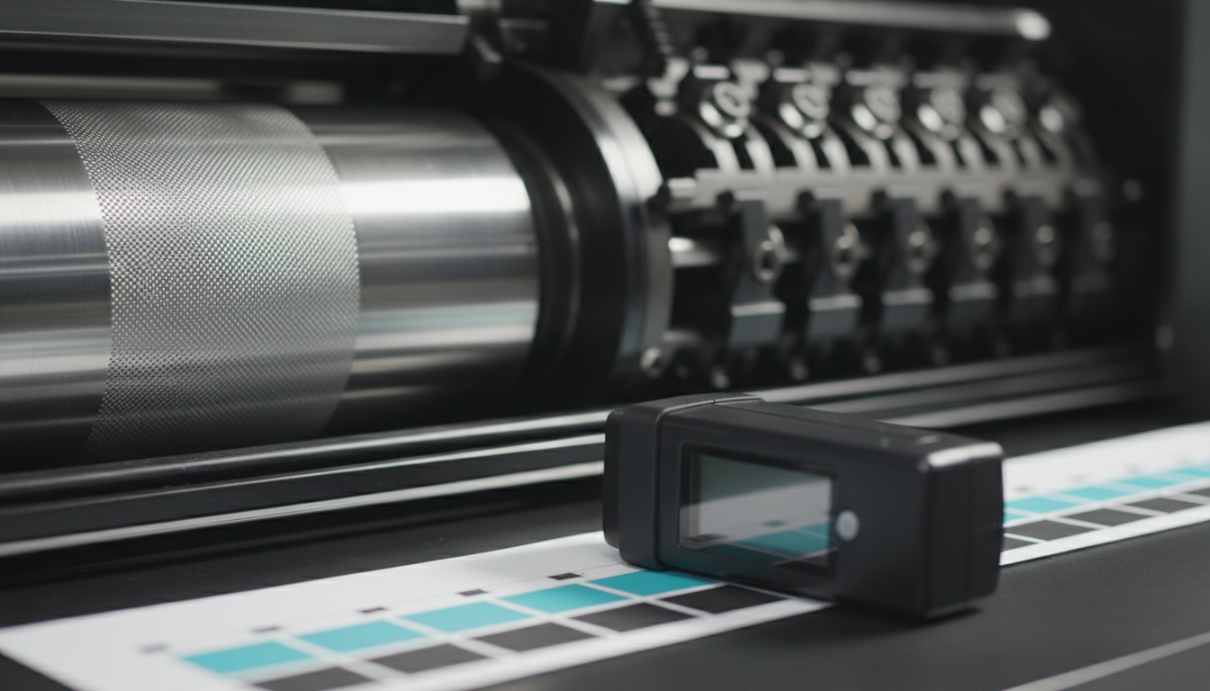 Heidelberg press cylinder detail with color control strip and densitometer