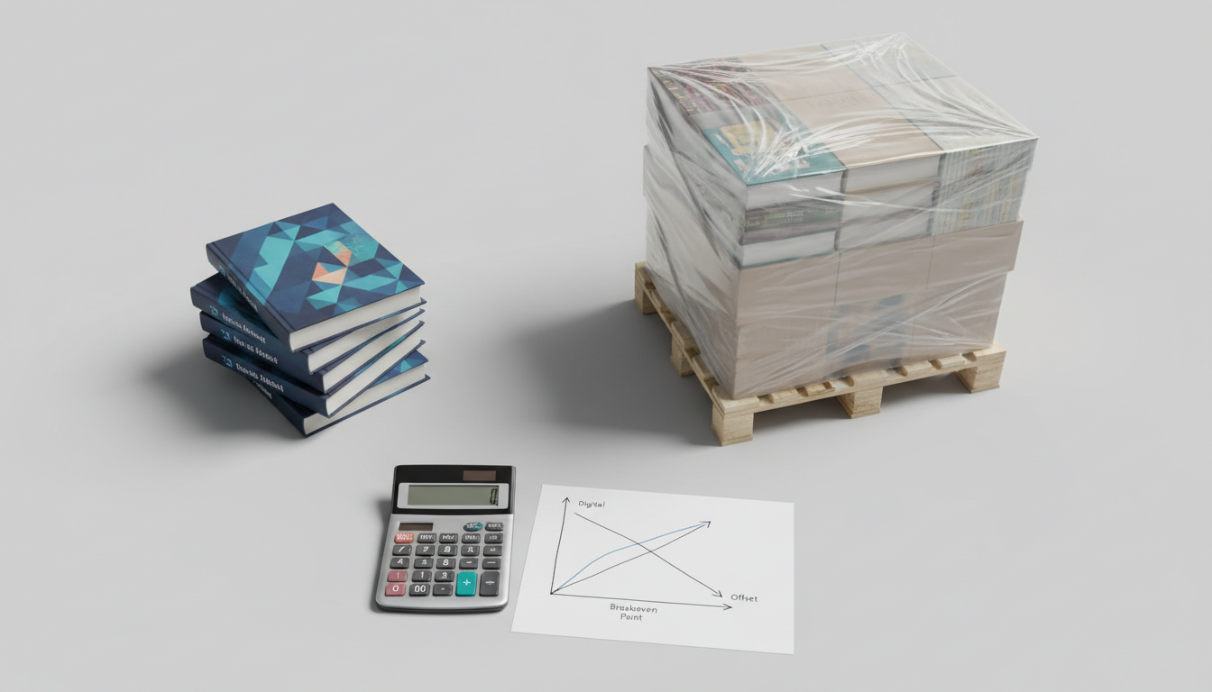 Visual comparison of inventory size and cost analysis for digital inkjet versus offset book printing
