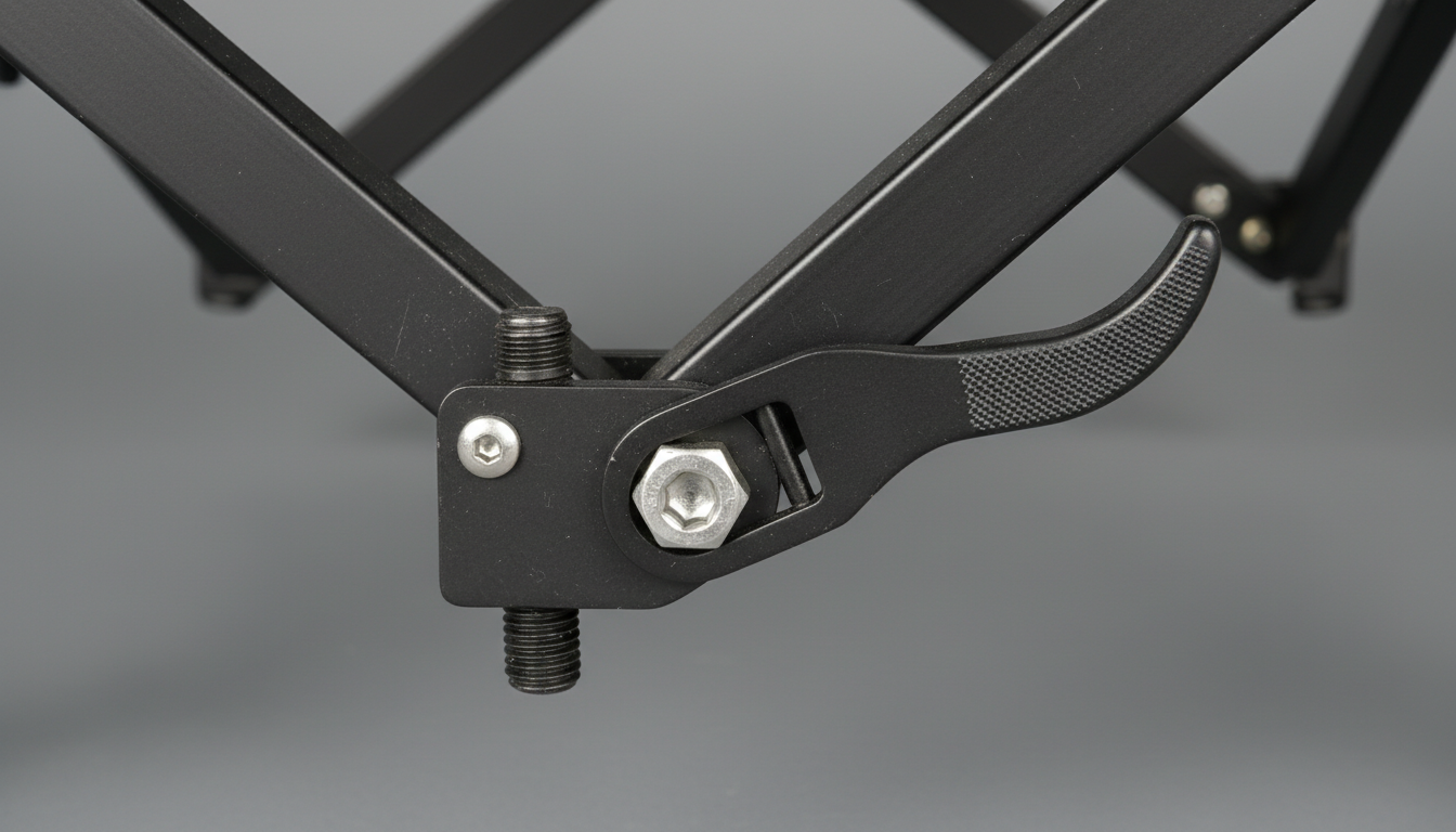 Close-up of durable X-frame hinge and flip-lock on a foldable camping table
