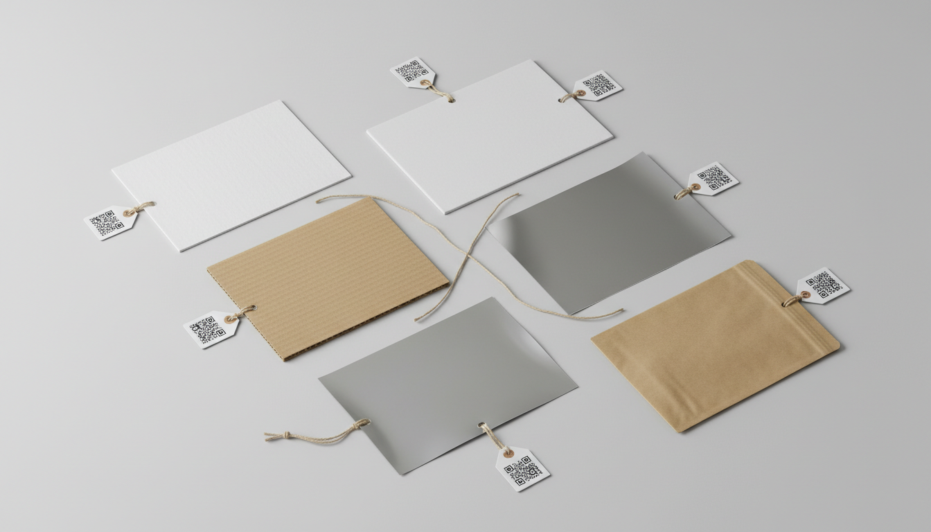 Flat-lay of FDA-compliant packaging material swatches with traceability tags