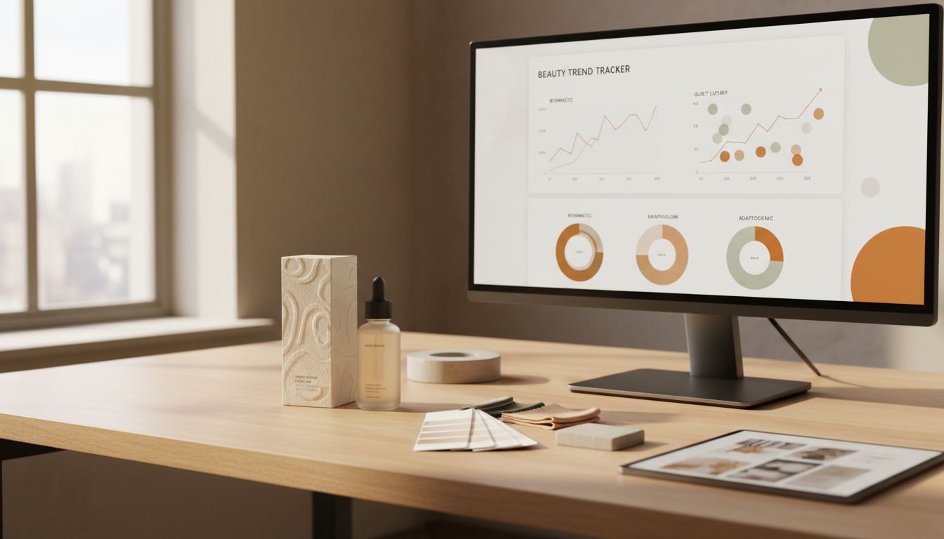 Brand manager using Vogue Business Beauty Trend Tracker data with packaging prototypes