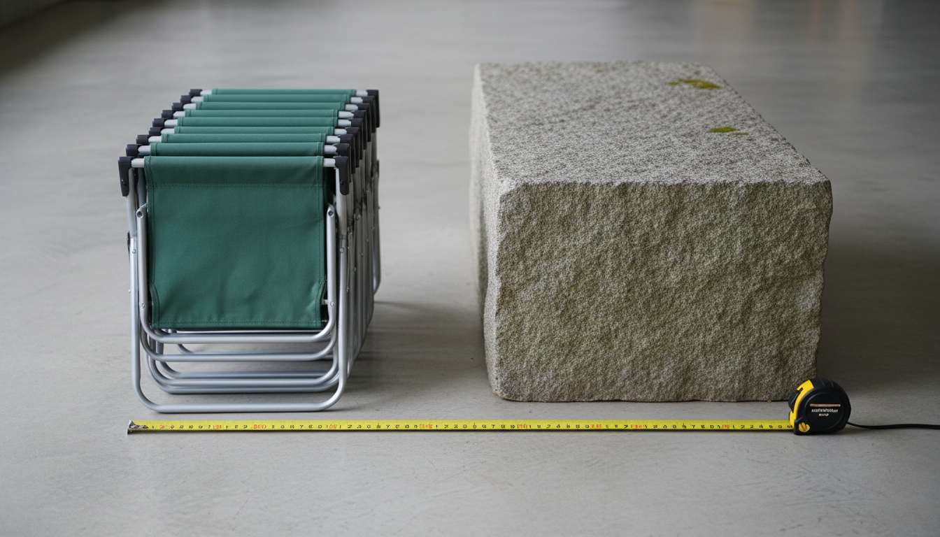 Stacked folding chairs vs fixed bench storage comparison