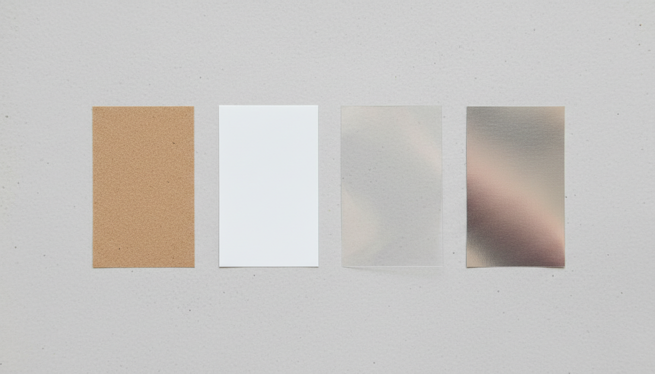 Material comparison flat-lay: kraft paper, BOPP, PET, and metallized label stocks