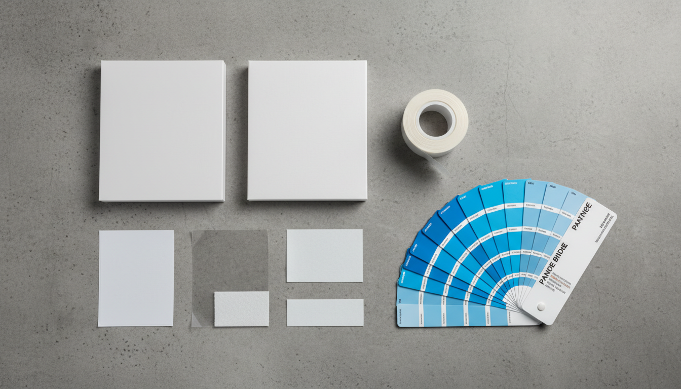 Material samples for print including folding carton board, BOPP film, and synthetic label stock